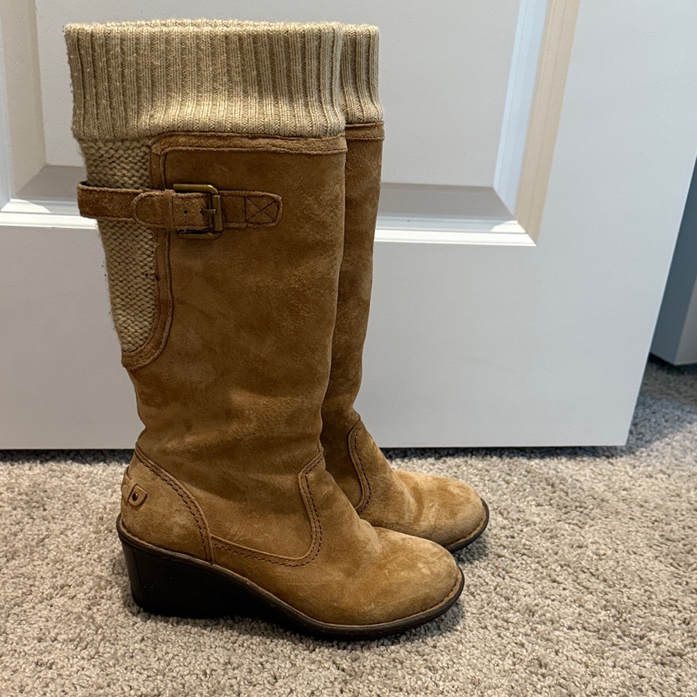 UGG Tan Heeled Boots with Knit Cuff